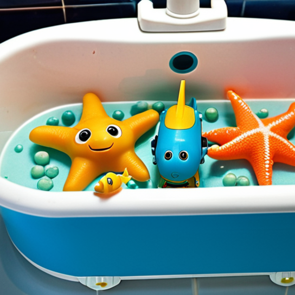 **

Octonauts submarine toy in a bathtub. Barnacles and Kwazii figures are inside, exploring with sea creature figures (small colorful fish, maybe a starfish). Bubbles and bath toys are scattered around. The lighting is bright and cheerful, suggesting playtime. Focus on capturing the sense of underwater adventure.

**