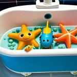 **

Octonauts submarine toy in a bathtub. Barnacles and Kwazii figures are inside, exploring with sea creature figures (small colorful fish, maybe a starfish). Bubbles and bath toys are scattered around. The lighting is bright and cheerful, suggesting playtime. Focus on capturing the sense of underwater adventure.

**