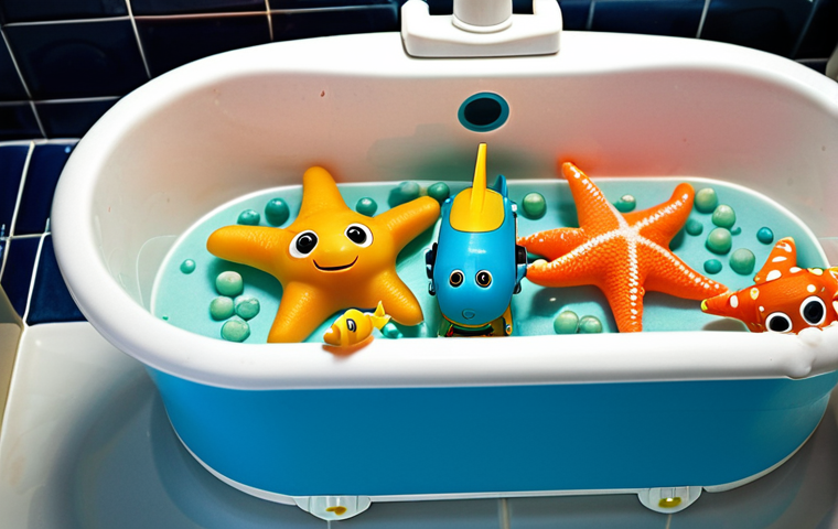 **

Octonauts submarine toy in a bathtub. Barnacles and Kwazii figures are inside, exploring with sea creature figures (small colorful fish, maybe a starfish). Bubbles and bath toys are scattered around. The lighting is bright and cheerful, suggesting playtime. Focus on capturing the sense of underwater adventure.

**
